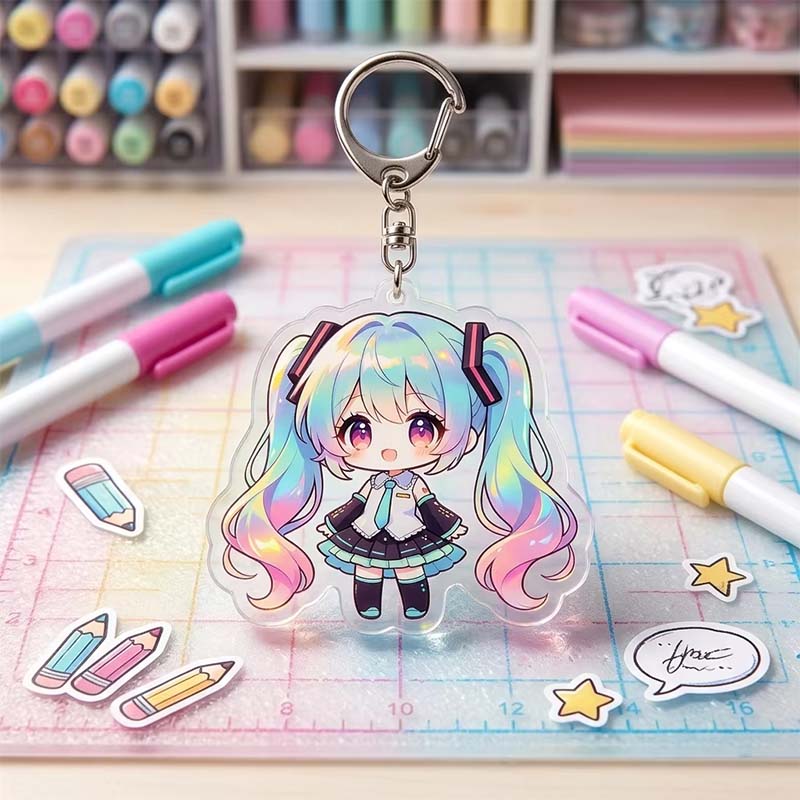 Porte-clés en acrylique transparent avec impression UV de dessin animé
