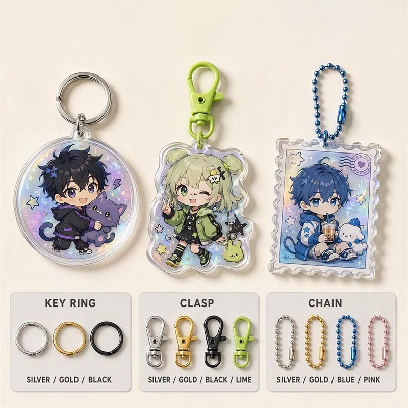 Porte-clés acrylique Chibi personnalisé imprimé UV en époxy holographique