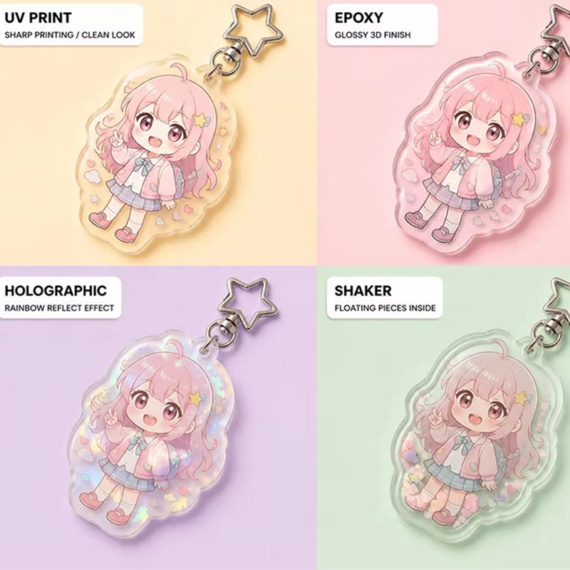 Porte-clés acrylique holographique arc-en-ciel personnalisé avec breloque anime