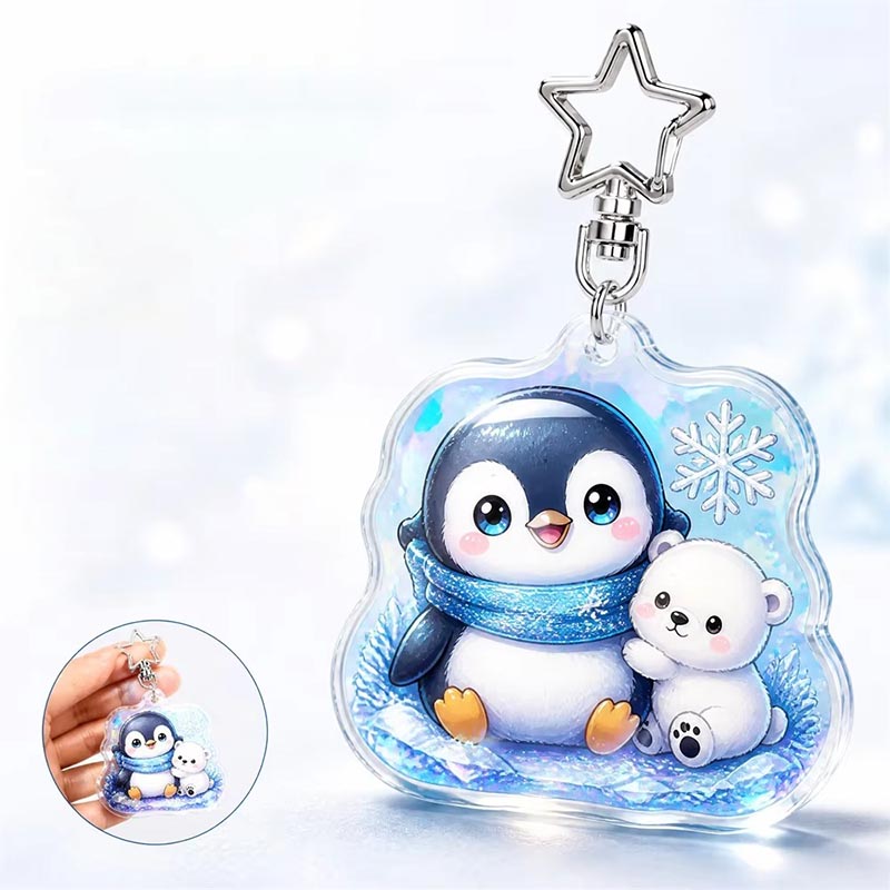 Porte-clés acrylique pingouin personnalisé avec pendentif anime flocon de neige