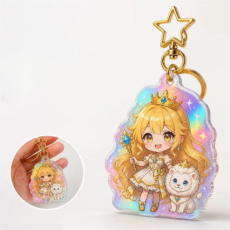 Porte-clés acrylique holographique arc-en-ciel personnalisé avec breloque anime
