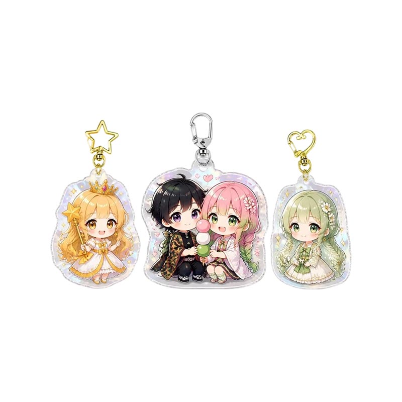 Porte-clés acrylique holographique arc-en-ciel personnalisé avec breloque anime